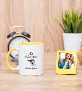 Askere Hediye Sarı Kupa Bardak ve Sarı Mini Fotoğraf Çerçevesi