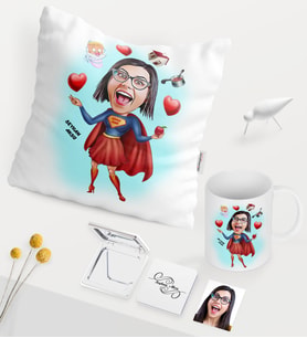 BK Gift Kişiye Özel Süper Anne Karikatürlü Beyaz Kupa Ayna Yastık Seti (Model 1)