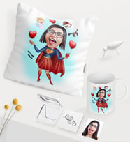 BK Gift Kişiye Özel Süper Anne Karikatürlü Beyaz Kupa Ayna Yastık Seti (Model 1)