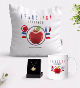 BK Gift Kişiye Özel Fransızca Öğretmeni Beyaz Kupa Yastık ve İsimli Papatya Kolye Hediye Seti-3 (Model 1)