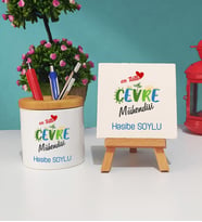 Mesajlı Çevre Mühendisi Tasarımlı Kişiye Özel Çevre Mühendisi Kalemlik ve Dekoratif Taş Baskı Hediye Seti