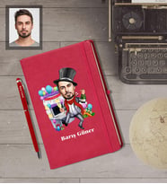 Kişiye Özel Yılbaşı Erkek Karikatürlü Kırmızı Defter Kalem Hediye Seti Model-8