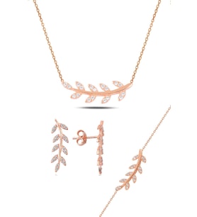 Söğütlü Silver Gümüş rose zirkon taşlı yaprak  üçlü set