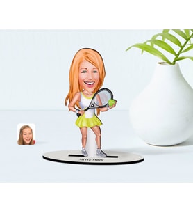 BK Gift Kişiye Özel Kadın Tenis Oyuncusu Karikatürlü Ahşap Biblo Model-2 (Beyaz)