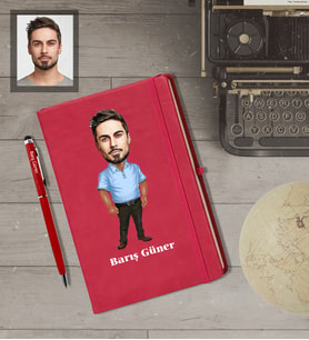 Kişiye Özel Erkek Karikatürlü  Kırmızı Defter Kalem Hediye Seti Model-8