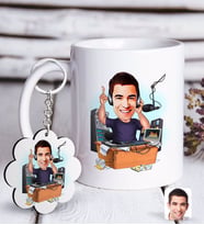 BK Gift Kişiye Özel Erkek Radyocu Karikatürlü Beyaz Kupa ve Anahtarlık Hediye Seti-1 (Model 1)