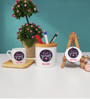 Love Yourself Tasarımlı Kişiye Özel Hediye Ahşap Altlıklı Türk Kahvesi Fincanı Kalemlik Ahşap Anahtarlık Seti