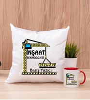 İnşaat Teknolojisi Öğretmeni Kare Yastık ve Kırmızı Kupa Bardak
