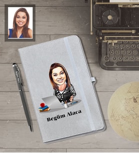 Kişiye Özel Patron Karikatürlü Gri Defter Kalem Hediye Seti  Bayan-4
