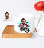 BK Gift Kişiye Özel Motorcu Karikatür Ahşap Altlıklı Seramik Fincan  1