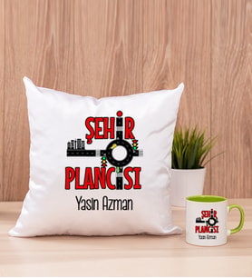Şehir Plancısı Kare Yastık ve Yeşil Kupa Bardak