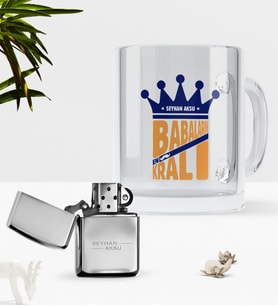 BK Gift Kişiye Özel En Kral Baba Cam Kupa Bardak Benzinli Metal Çakmak Seti (Model 1)
