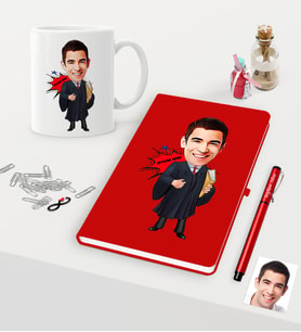 BK Gift Kişiye Özel Bay Avukat Karikatürlü Kırmızı Defter Kalem Kupa Seti - 1 (Model 1)