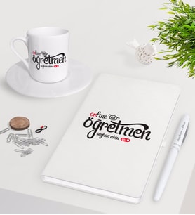 BK Gift Kişiye Özel Online Öğretmen Beyaz Defter Kalem Türk Kahvesi Fincanı Seti-1 (Model 1)