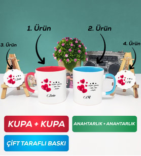İkili Kırmızı Mavi Sevgililer Günü Hediyesi Kupa Bardak Anahtarlık