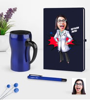 BK Gift Kişiye Özel Bayan Doktor Karikatürlü Lacivert Defter Kalem Termos Mug Seti - 1 (Model 1)