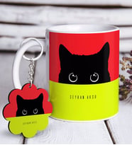 BK Gift Kişiye Özel Sevimli Kedi Beyaz Kupa ve Anahtarlık Hediye Seti-7 (Model 1)