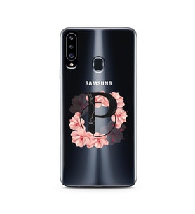 Pembe Çiçekli Harf Tasarım Süper Şeffaf Silikon Telefon Kılıfı Samsung A20s P-Ha