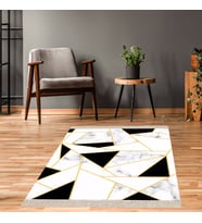 Geometrik Desenli Dijital Baskı Yıkanabilir Kaymaz Taban Etnik Kilim Desen Salon Halı (Gold)