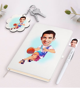 BK Gift Kişiye Özel Erkek Basketbolcu Karikatürlü Beyaz Defter Kalem ve Anahtarlık Hediye Seti-2 (Model 1)