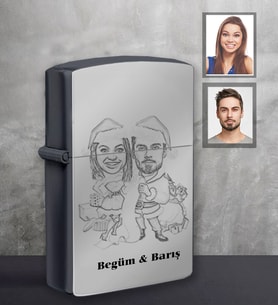 Kişiye Özel Yılbaşı Sevgili Karikatürlü Siyah Benzinli Çakmak Model-3