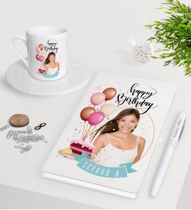 BK Gift Kişiye Özel Fotoğraflı Doğum Günü Beyaz Defter Kalem Türk Kahvesi Fincanı Seti-5 (Model 1)