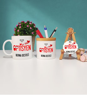 Mesajlı Optisyen Tasarımlı Kişiye Özel Optisyen Kupa Bardak Kalemlik ve Anahtarlık Hediye Seti