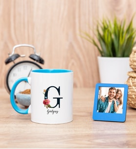 Baş Harfli ve İsimli Mavi Kupa Bardak ve Mavi Mini Fotoğraf Çerçevesi