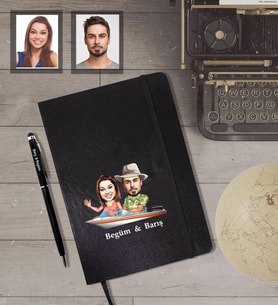 Kişiye Özel Sevgili Karikatürlü Siyah Defter Kalem Hediye Seti Model 19