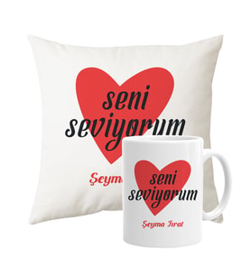Sevgiliye Özel Seni Seviyorum Yastık Kupa Bardak Seti (Beyaz)