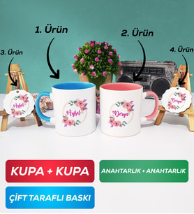 İkili Mavi Pembe Kişiye Özel İsim Yazılı Çiçek Tasarımlı Kupa Bardak Anahtarlık Hediye Seti
