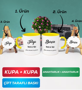 İkili Sarı Sevgiliye Hediye İsme Özel Sevgililer Günü Hediyesi Kupa Bardak Anahtarlık Hediye Seti