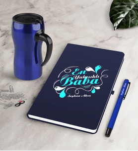 BK Gift Kişiye Özel En Yakışıklı Baba Lacivert Defter Kalem Termos Mug Seti (Model 1)