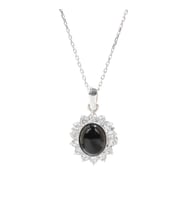 925 Ayar Gümüş Çiçek Tasarım Oval Oniks Taşlı Kolye (Gümüş)