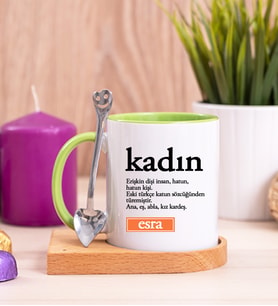 Kadın Kelime Anlamı Ahşap Altlıklı Yeşil Kupa Bardak