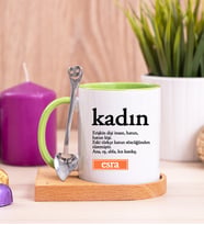 Kadın Kelime Anlamı Ahşap Altlıklı Yeşil Kupa Bardak