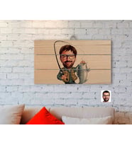 BK Gift Kişiye Özel Erkek Balıkçı Karikatürlü Otantik Ahşap Palet Tablo
