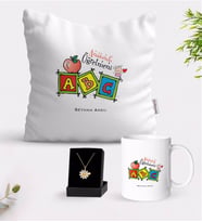 BK Gift Kişiye Özel Anasınıfı Öğretmeni Beyaz Kupa Yastık ve İsimli Papatya Kolye Hediye Seti-1 (Model 1)