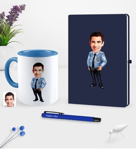 BK Gift Kişiye Özel Bay Polis Karikatürlü Lacivert Defter Kalem Kupa Seti - 1 (Model 1)