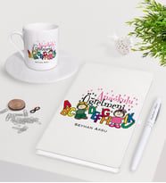 BK Gift Kişiye Özel Anaokulu Öğretmeni Beyaz Defter Kalem Türk Kahvesi Fincanı Seti-4 (Model 1)