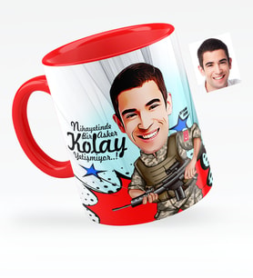 BK Gift Kişiye Özel Asker Karikatürlü Kırmızı Kupa Bardak  1
