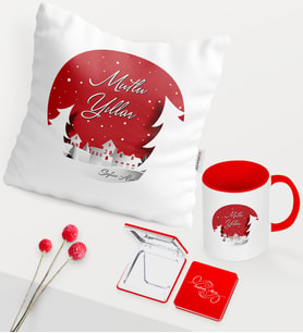 BK Gift Kişiye Özel Yılbaşı Mutlu Yıllar Temalı Kırmızı Kupa Ayna Yastık Seti - 1