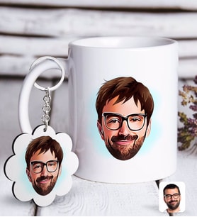 BK Gift Kişiye Özel Erkek Yüz Karikatürlü Beyaz Kupa ve Anahtarlık Hediye Seti-1 (Model 1)