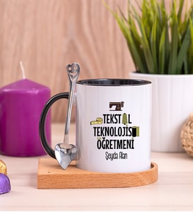 Tekstil Teknolojisi Öğretmeni Ahşap Altlıklı Siyah Kupa Bardak