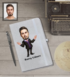 Kişiye Özel İş Adamı Karikatürlü Gri Defter Kalem Hediye Seti  Bay-8