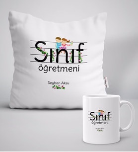 BK Gift Kişiye Özel Sınıf Öğretmeni Beyaz Yastık Kupa Seti-17 (Model 1)