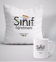 BK Gift Kişiye Özel Sınıf Öğretmeni Beyaz Yastık Kupa Seti-17 (Model 1)