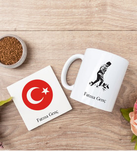 Atatürk Ve Türk Bayraklı Beyaz Kupa Bardak Ve Bardak Altlığı