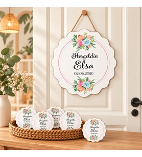 Kişiye Özel Bebek Kapı Süsü Ve 50 Adet Magnet Seti Çiçekli