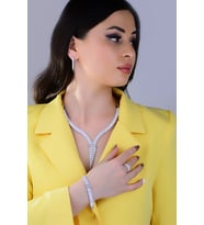 BARIŞ TAKI 925 Ayar Gümüş Salkım 5 Sıra Kemer Su Yolu Bayan Düğün Seti Kolye,Bileklik,Küpe,Yüzük